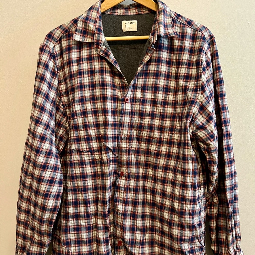 Old Navy Blue and Red Plaid Button-Up Flannel Shirt